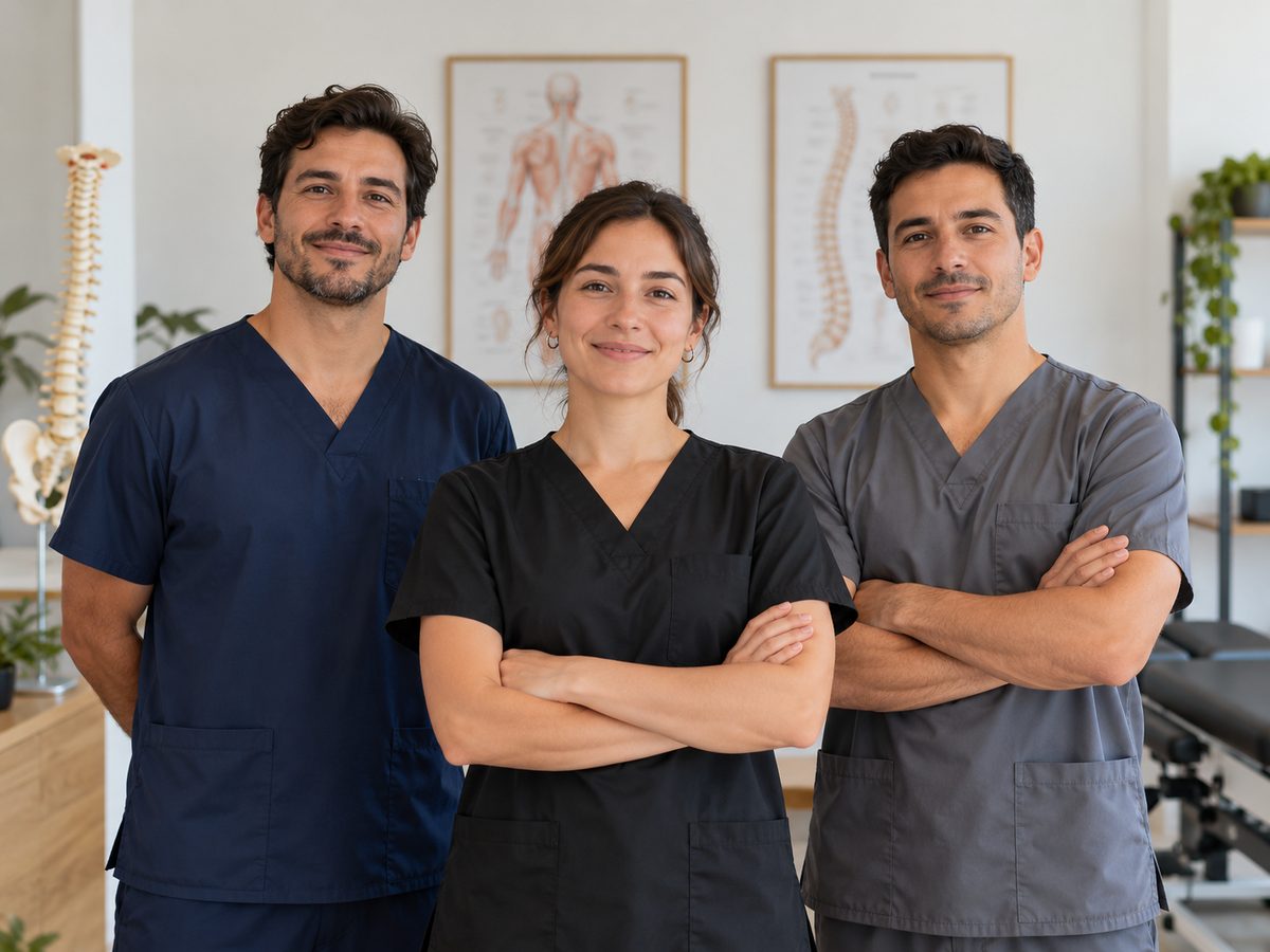 Tres quiroprácticos colegiados sonriendo en su consulta